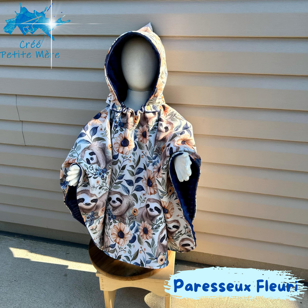 Poncho Softshell Paresseux Fleuri + Capuchon Amovible